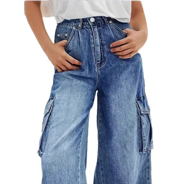 Women's high-waisted wide cargo denim pants in palazzo style with patch side pockets Amarae