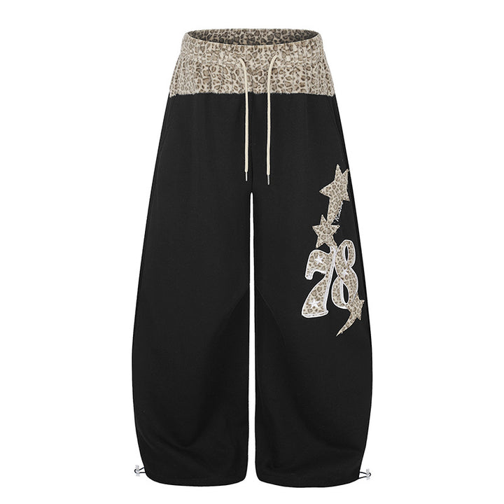 Women Extra Wide Palazzo Lounge Pants with High Comfort Waistband, Leopard Print Band and Decorative Star Number Appliqué Amarae