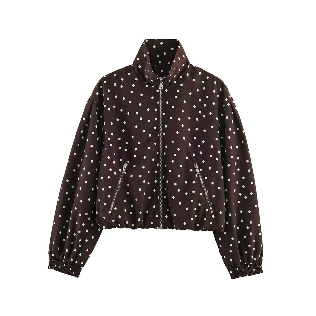 Women's Cropped Bomber Jacket with Stand Collar and Dot Pattern Amarae