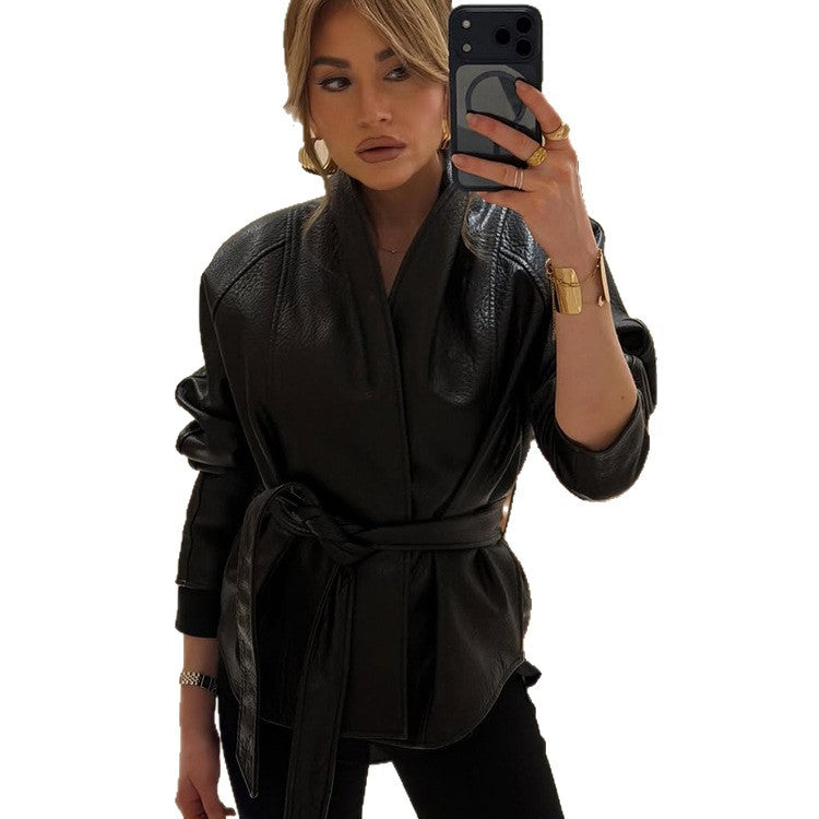 Women's Tailored Leather Jacket with Wrap Belt and Kimono Collar Amarae