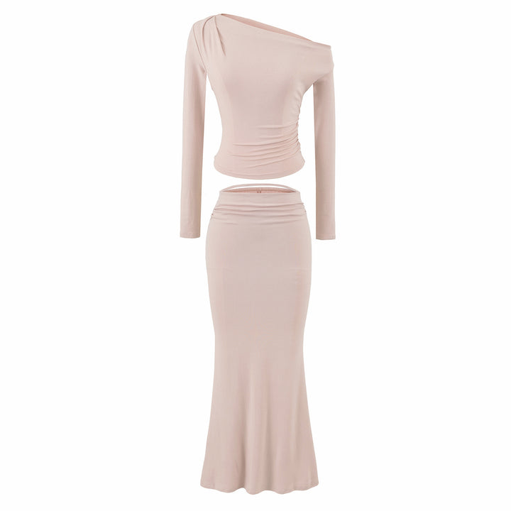 Women's One-Shoulder Two-Piece Set with Ruched Crop Top and Fitted Maxi Skirt Amarae
