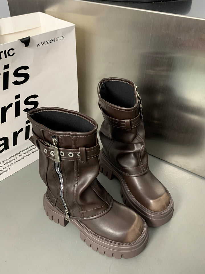 Women’s Mid-Calf Biker Boots with Zipper, Buckle Strap, and Chunky Platform Sole Amarae