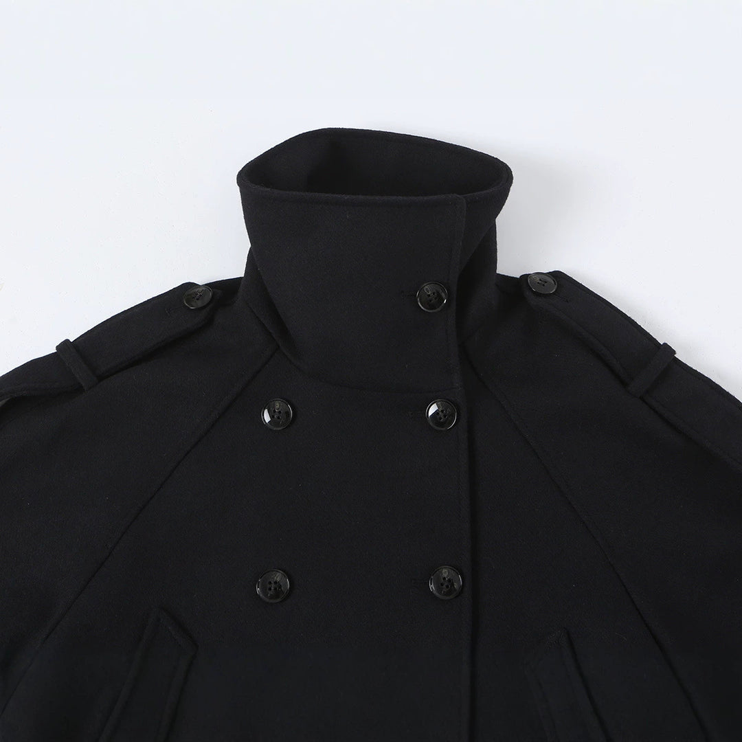 Women's Short Double-Breasted Peacoat with High Standing Collar and Shoulder Straps Amarae