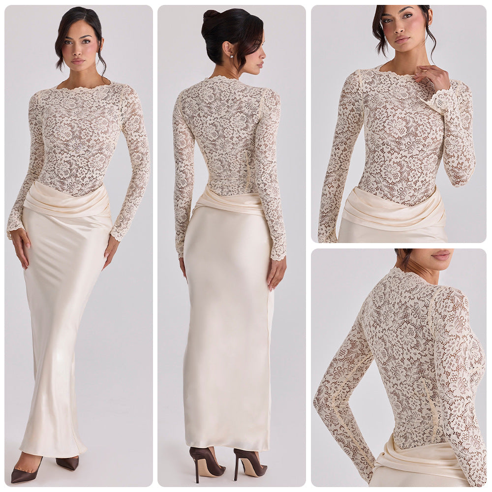 Women's Elegant Lace Blouse with Flowing Satin Skirt Lune London