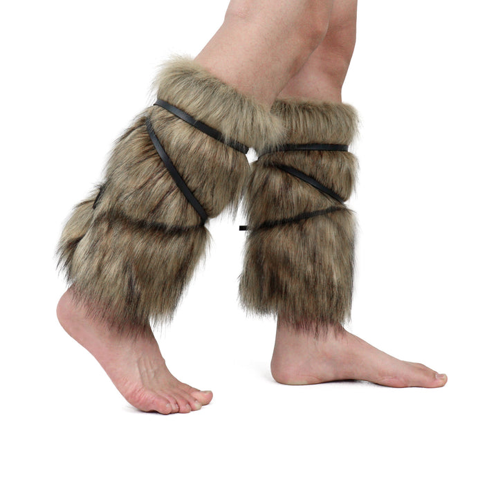 Men's Viking-inspired faux fur accessory set with shawl collar hip apron arm protectors and shin guards Amarae