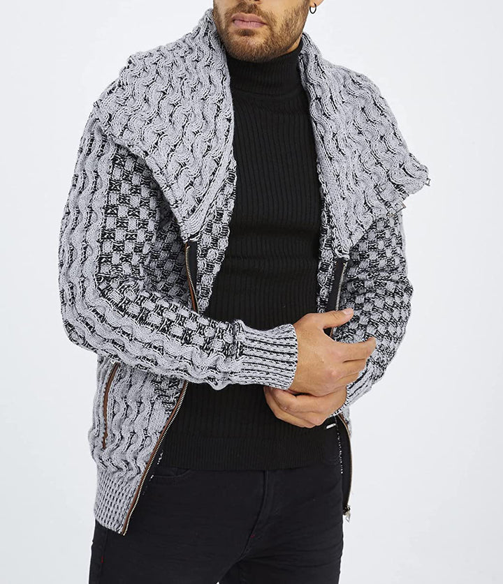Fashion knit jacket for men with asymmetric zipper and unique cable pattern Lune London