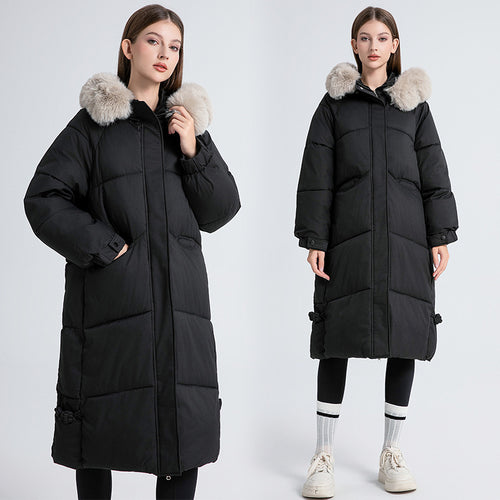 Long winter coat for women lined with removable faux fur collar and practical drawstrings Amarae