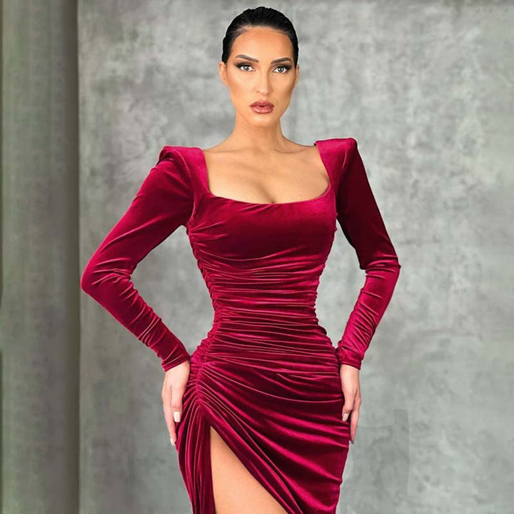 Elegant stretch dress for women with asymmetrical slit and long sleeves Lune London