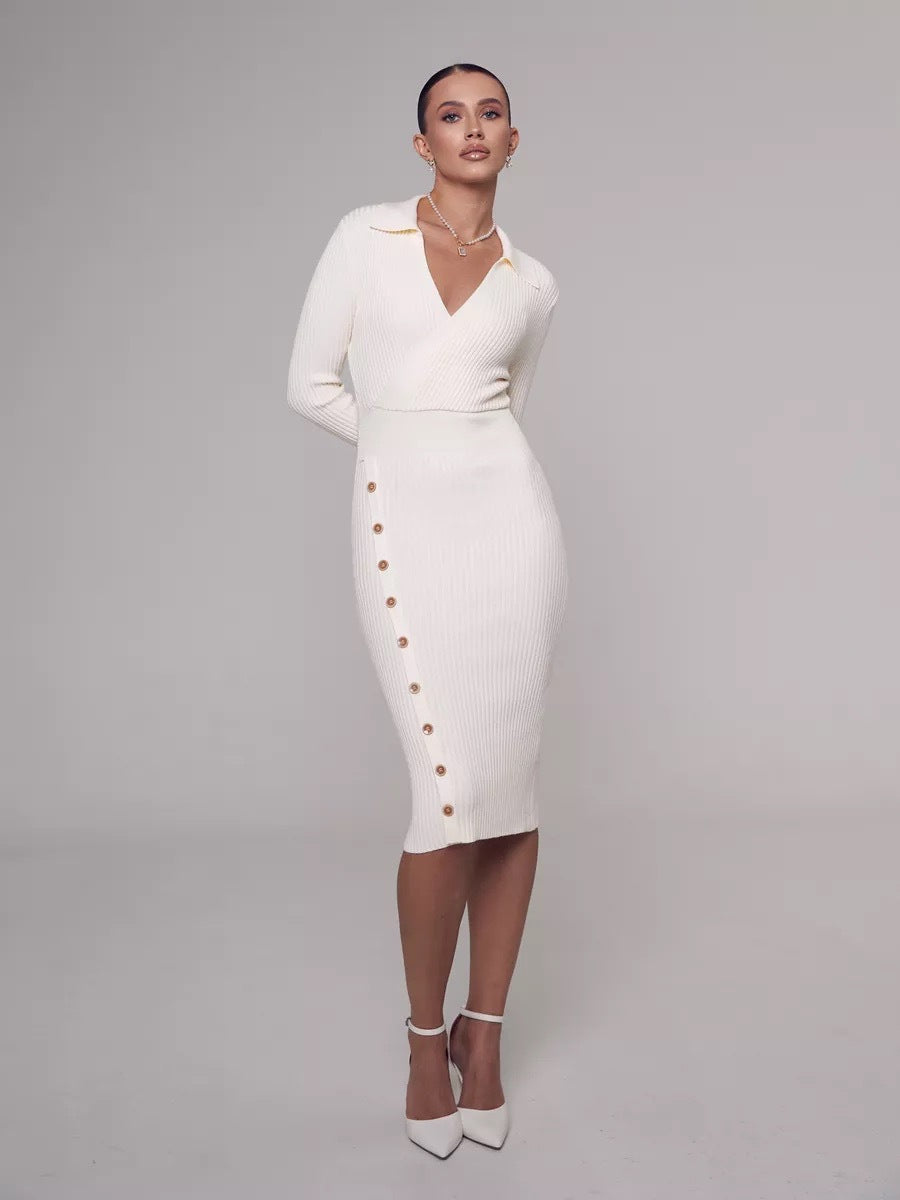 Knit dress for women with an elegant V neck and Lune London button details