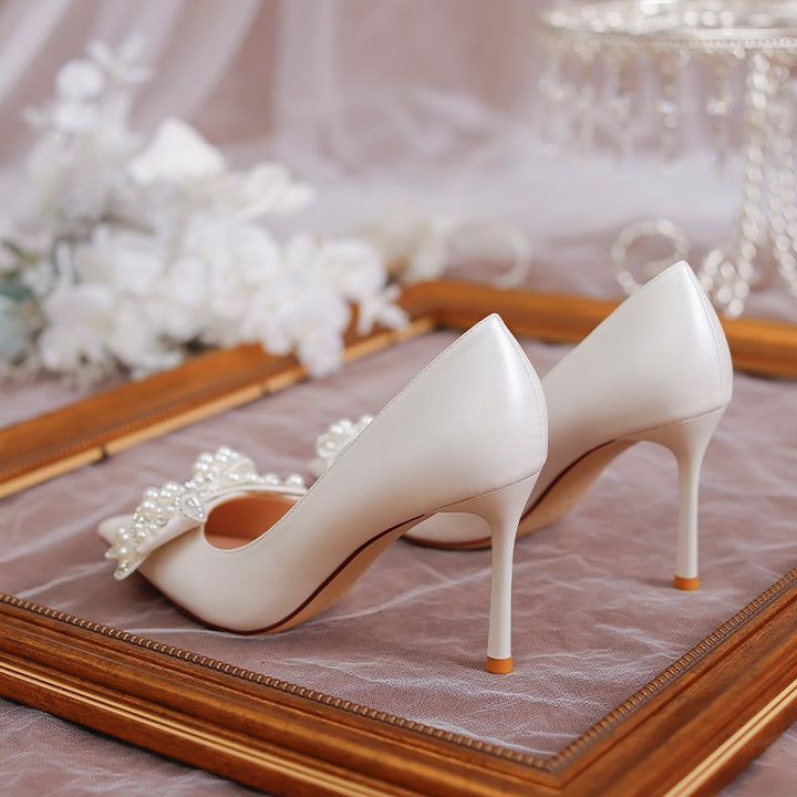 Ladies high-quality wedding pumps with beaded appliqué and refined bow detail Lune London
