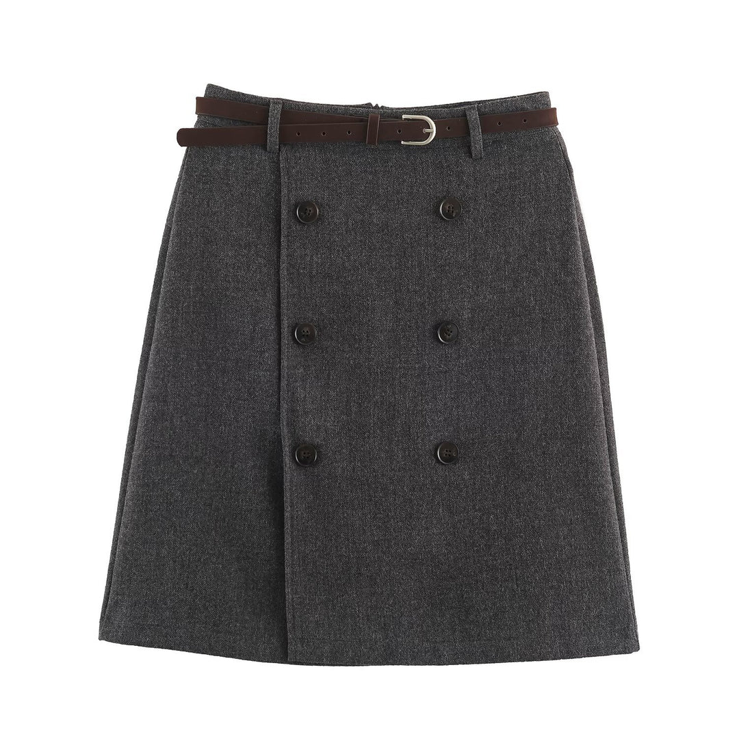 Women's midi skirt in A-line cut with double-breasted button placket and waist belt Amarae