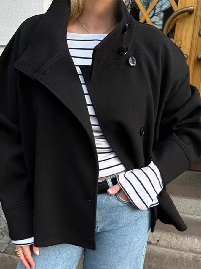Women's short cut boxy jacket with stand-up collar and asymmetrical button placket Amarae