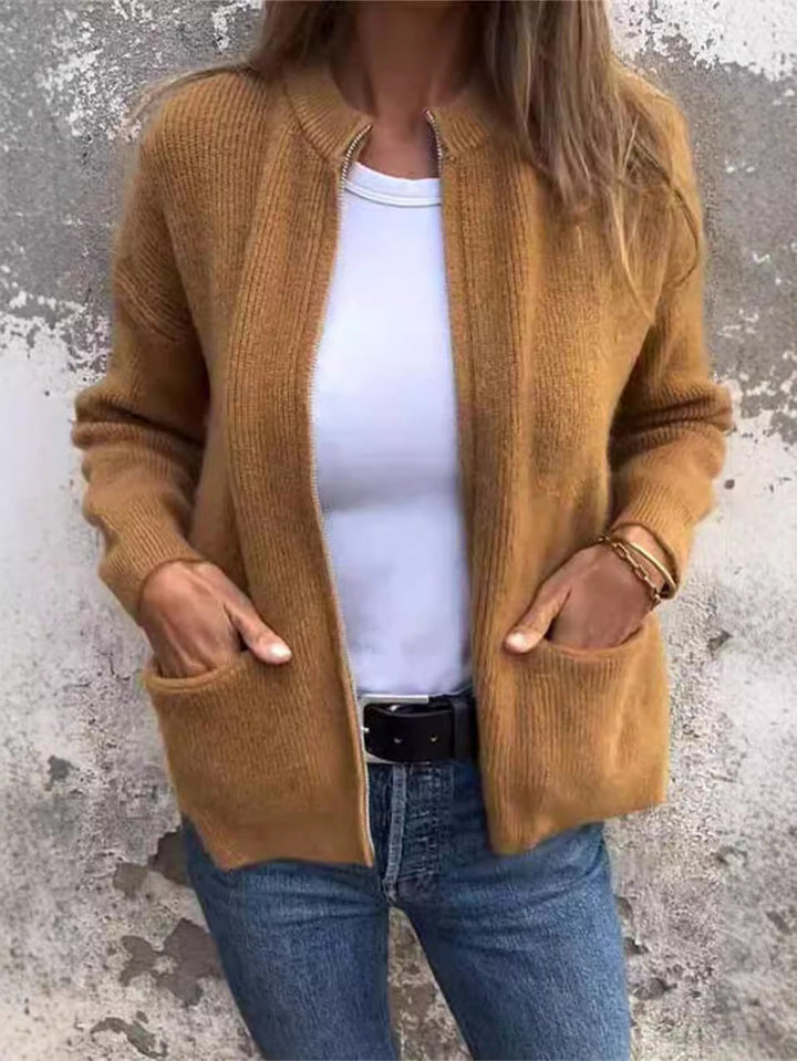 Amarae | Jacket with zipper - ribbed knit - loose fit - stand-up collar - practical pockets