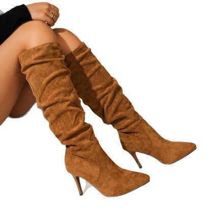 Ladies Ruched Knee-high Velour Boots with Pointed Toe and Sleek Stiletto Heel Amarae