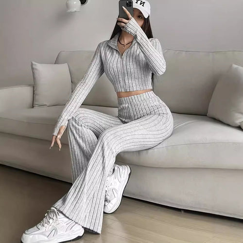 Modern knit set for ladies with cropped top and wide pants Amarae
