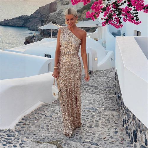 Women Elegant Evening Dress with Sparkling Sequin Fabric and Side Slit Amarae