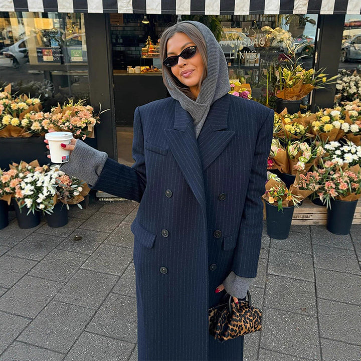 Women Long Double-Breasted Pinstripe Coat with Oversized Shoulder Amarae