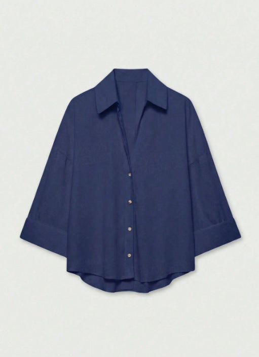 Women's Lightweight Oversized Linen Look Blouse with Three-Quarter Sleeves and Full Button Placket Amarae