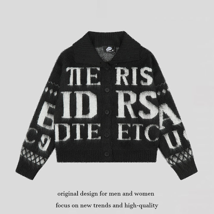 Women’s oversized mohair cardigan with button placket, large lapel collar, and typographic all-over print Amarae