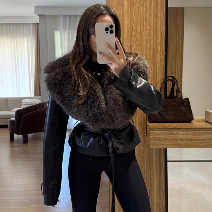 Women's short jacket in biker blouson style made of imitation leather with voluminous faux fur shawl collar and waist belt Amarae