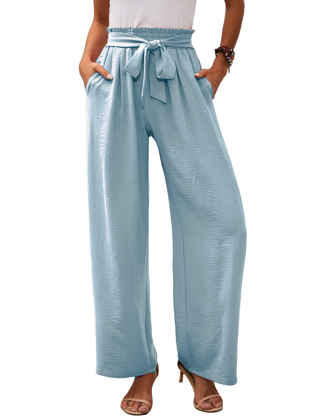 Wide palazzo pants for women with elastic waist and tie belt Lune London