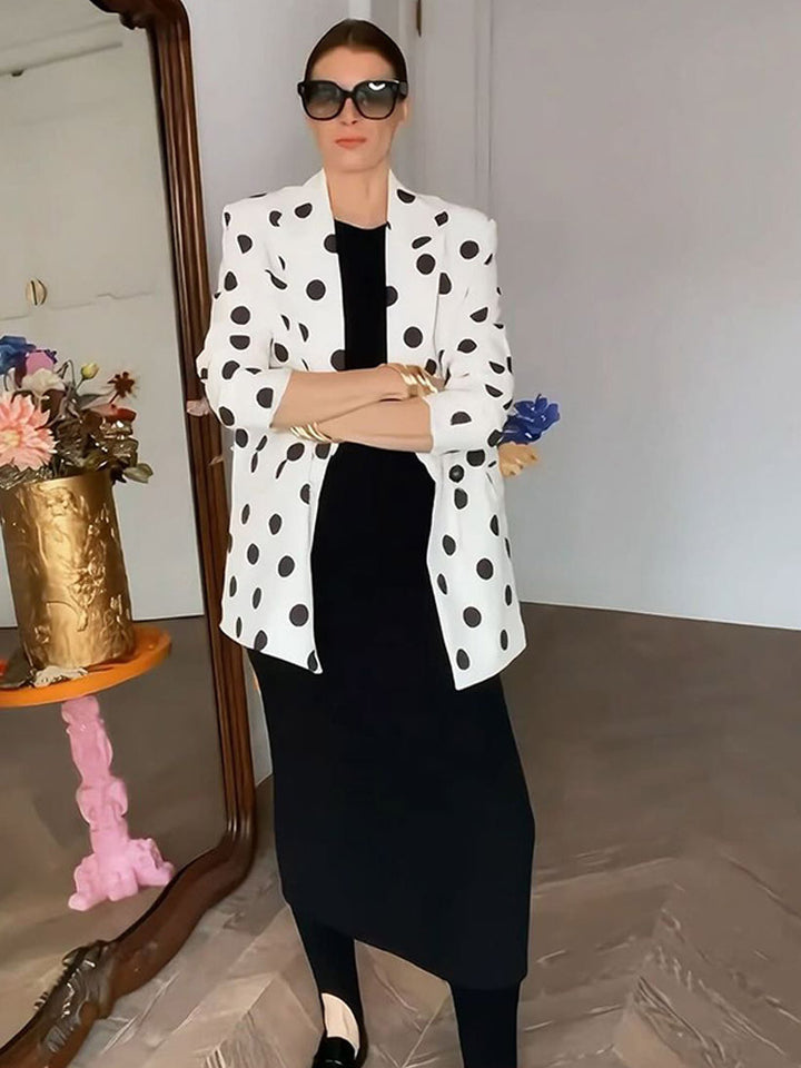 Women Polka Dot Long Blazer with Structured Shoulder and Oversized Cut Amarae