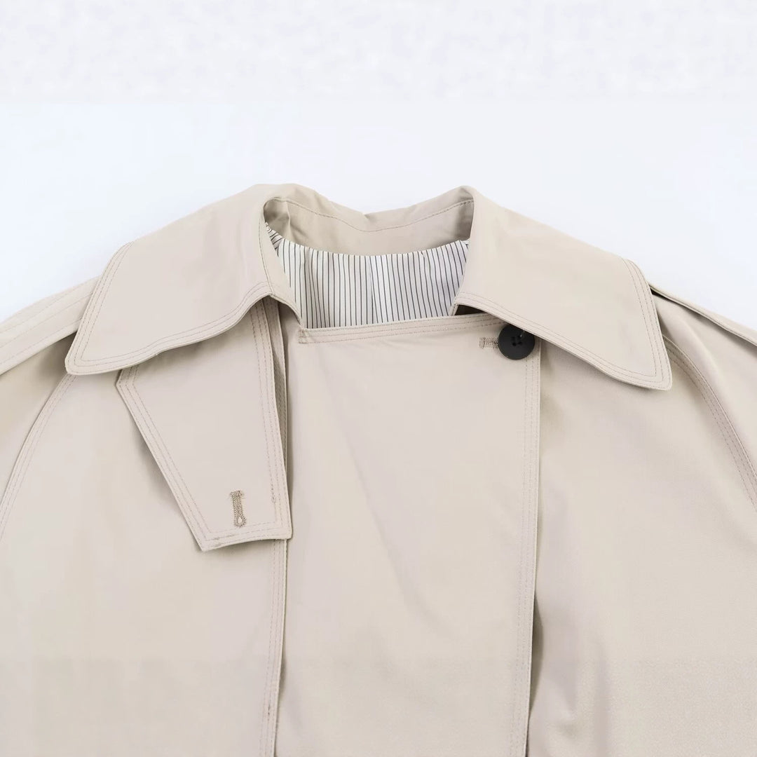 Women's Short Trench Coat with Waist Belt and Cape Detail Amarae