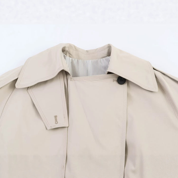 Women's Short Trench Coat with Waist Belt and Cape Detail Amarae