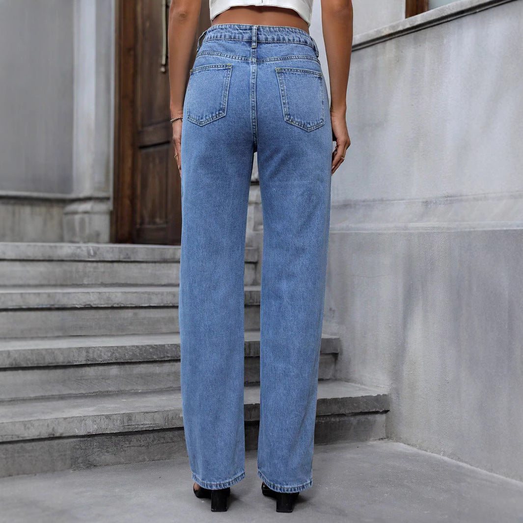 Women's High-Waisted Straight-Leg Jeans with Star Glitter Print and Five-Pocket Design Amarae