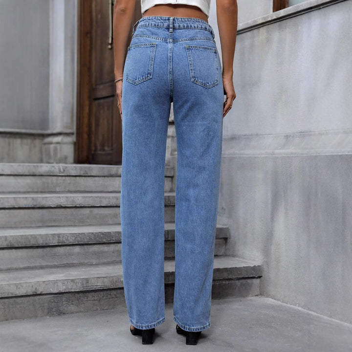 Women's High-Waisted Straight-Leg Jeans with Star Glitter Print and Five-Pocket Design Amarae