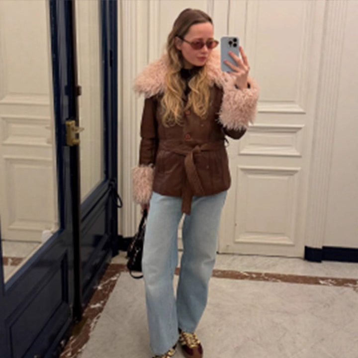 Women tailored leather imitation jacket with tie belt, opulent removable faux fur shawl collar and fur cuffs Amarae