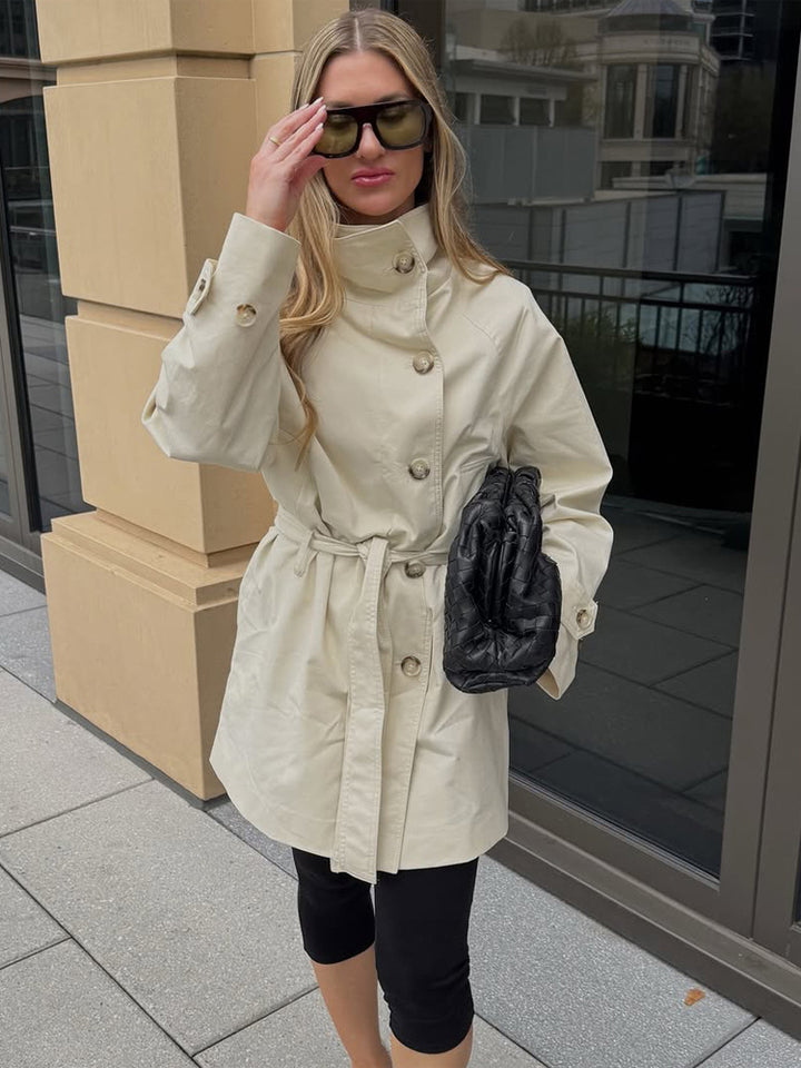 Women Short Wind and Transitional Coat with High Standing Collar and Tie Belt Amarae