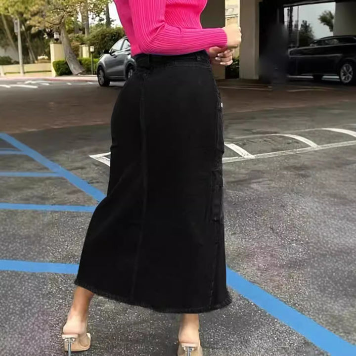 Ladies High-Waist Cargo Denim Midi Skirt with Front Slit Amarae