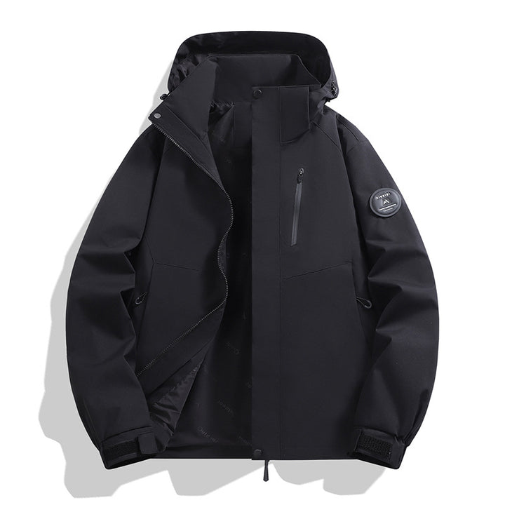 Men's softshell performance jacket with removable hood, concealed full-length zipper, and ergonomic cut Amarae
