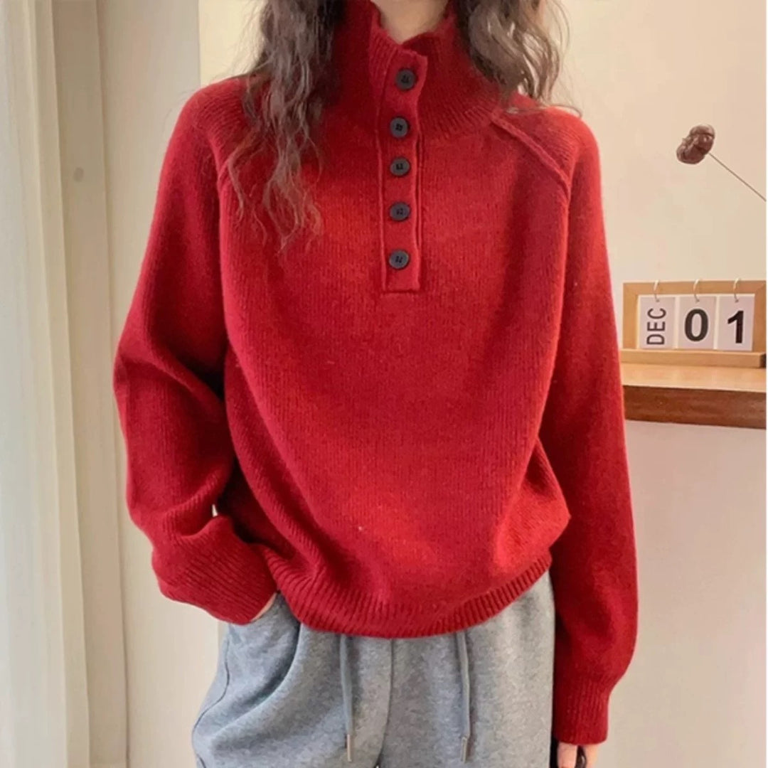 Femme Pull Tricoté Confortable avec Patte de Boutons Chic & Stil