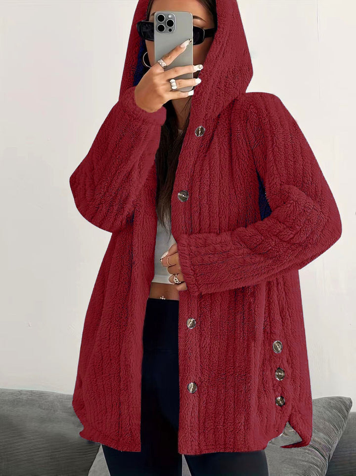 Ladies Cozy Hooded Jacket with Chic and Stylish Button Details