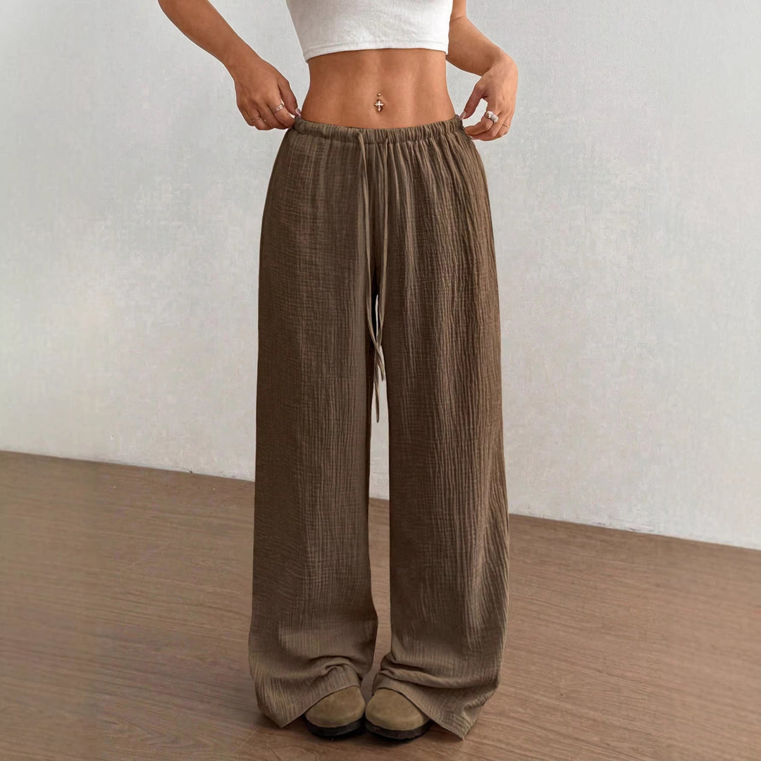 Women Lightweight Linen Look Pants with Wide Leg, Elastic Waistband and Drawstring Amarae