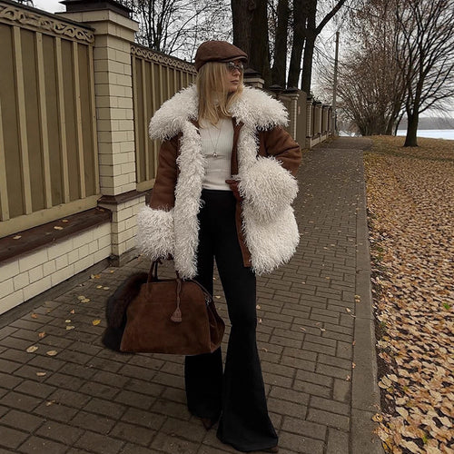 Women's short coat in lamb fur look with voluminous curly collar and contrast trim Amarae
