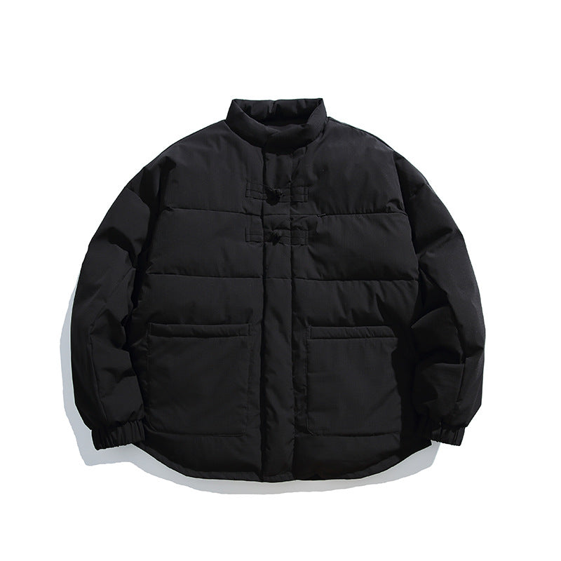 Unisex Boxy padded stand-up collar jacket with Chinese toggle closures and large front pockets Amarae