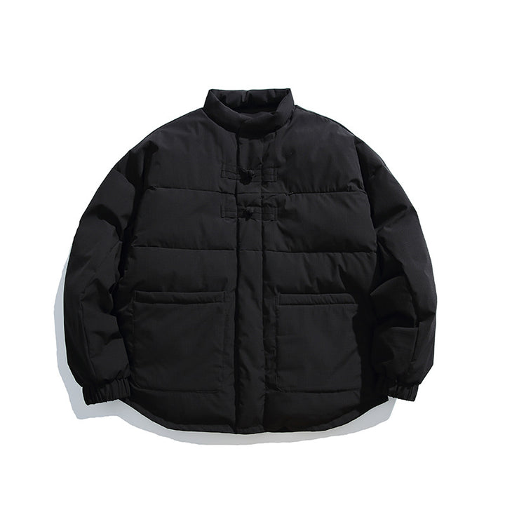 Unisex Boxy padded stand-up collar jacket with Chinese toggle closures and large front pockets Amarae