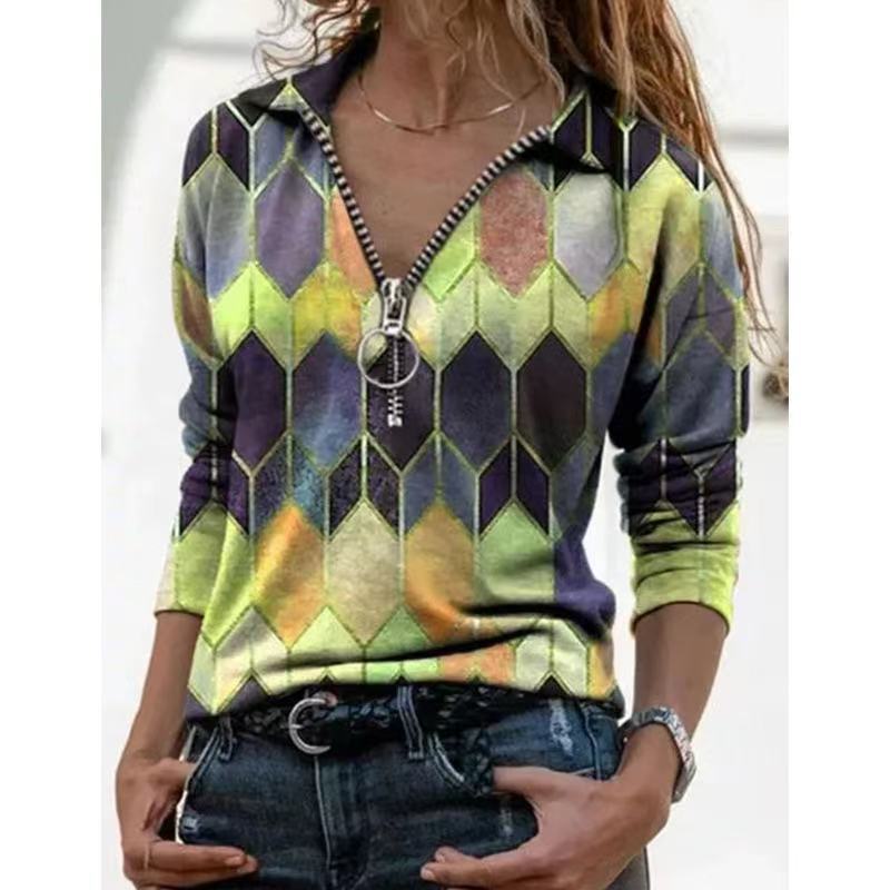 Women's zip pullover with polo collar, graphic diamond print and slim fit Amarae