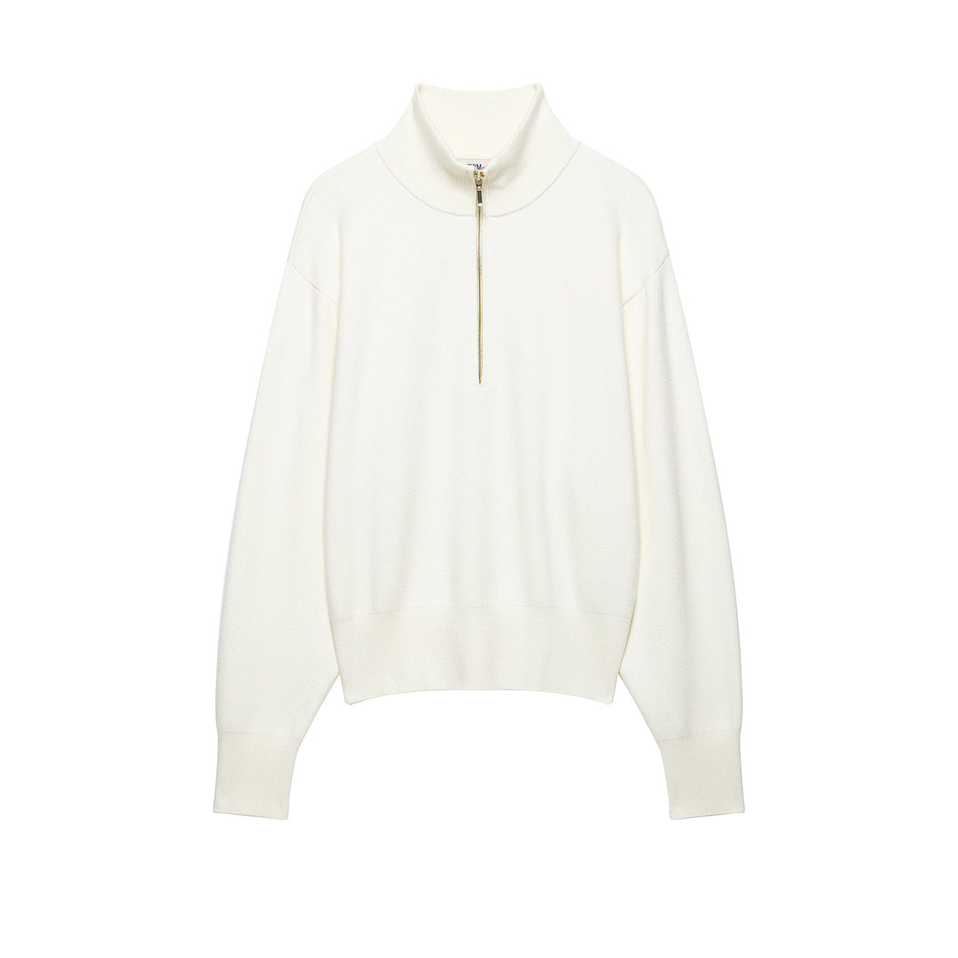 Women's Cropped Oversized Knit Sweater with Half Metal Zipper and Funnel Neck Amarae