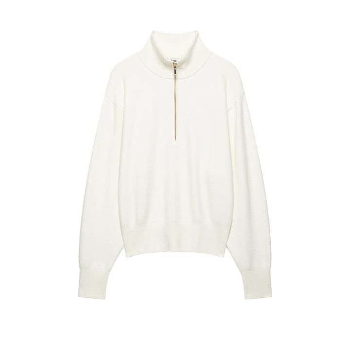 Women's Cropped Oversized Knit Sweater with Half Metal Zipper and Funnel Neck Amarae