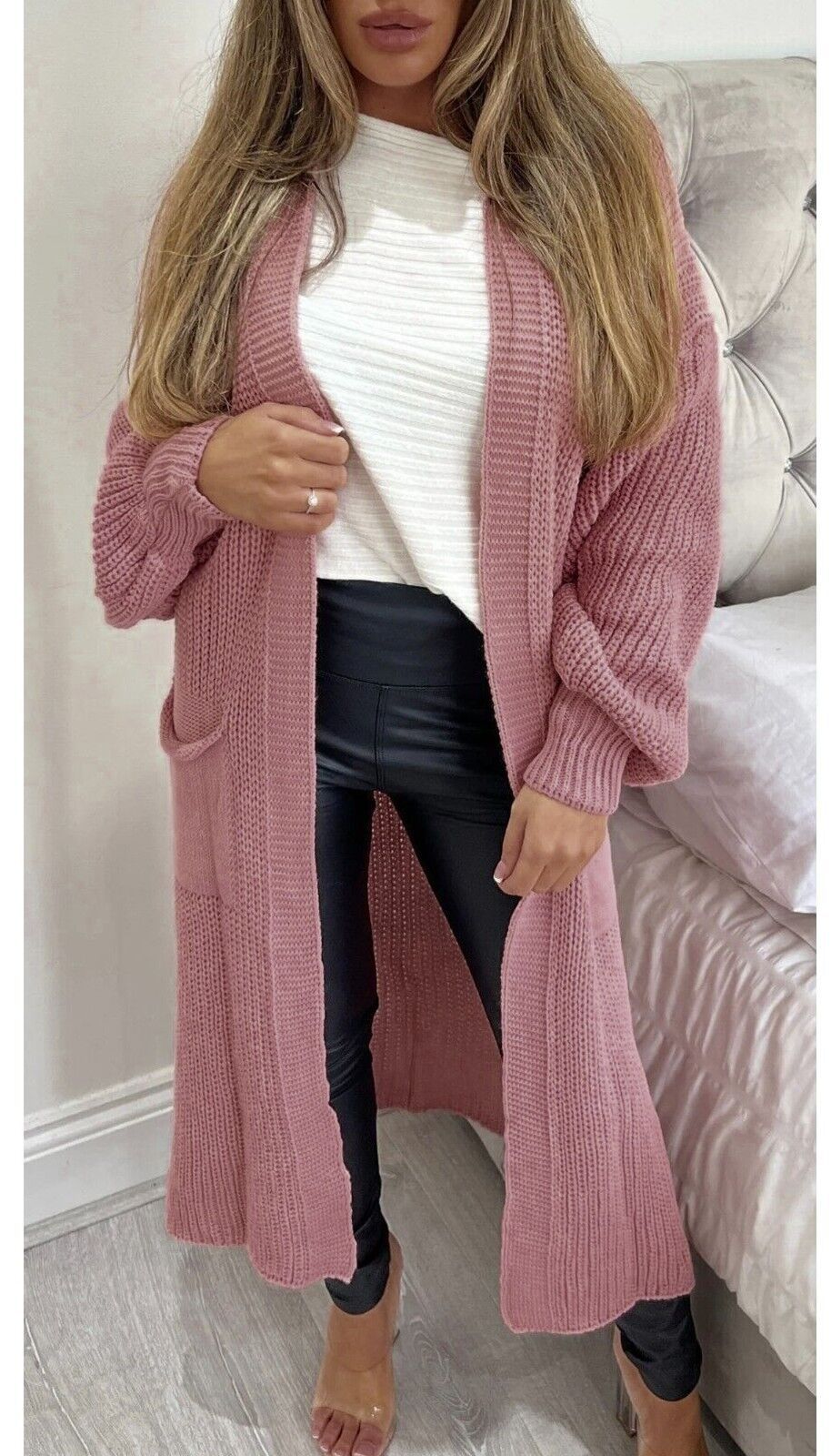 Ladies long cardigan with a chunky knit structure and practical pockets Lune London