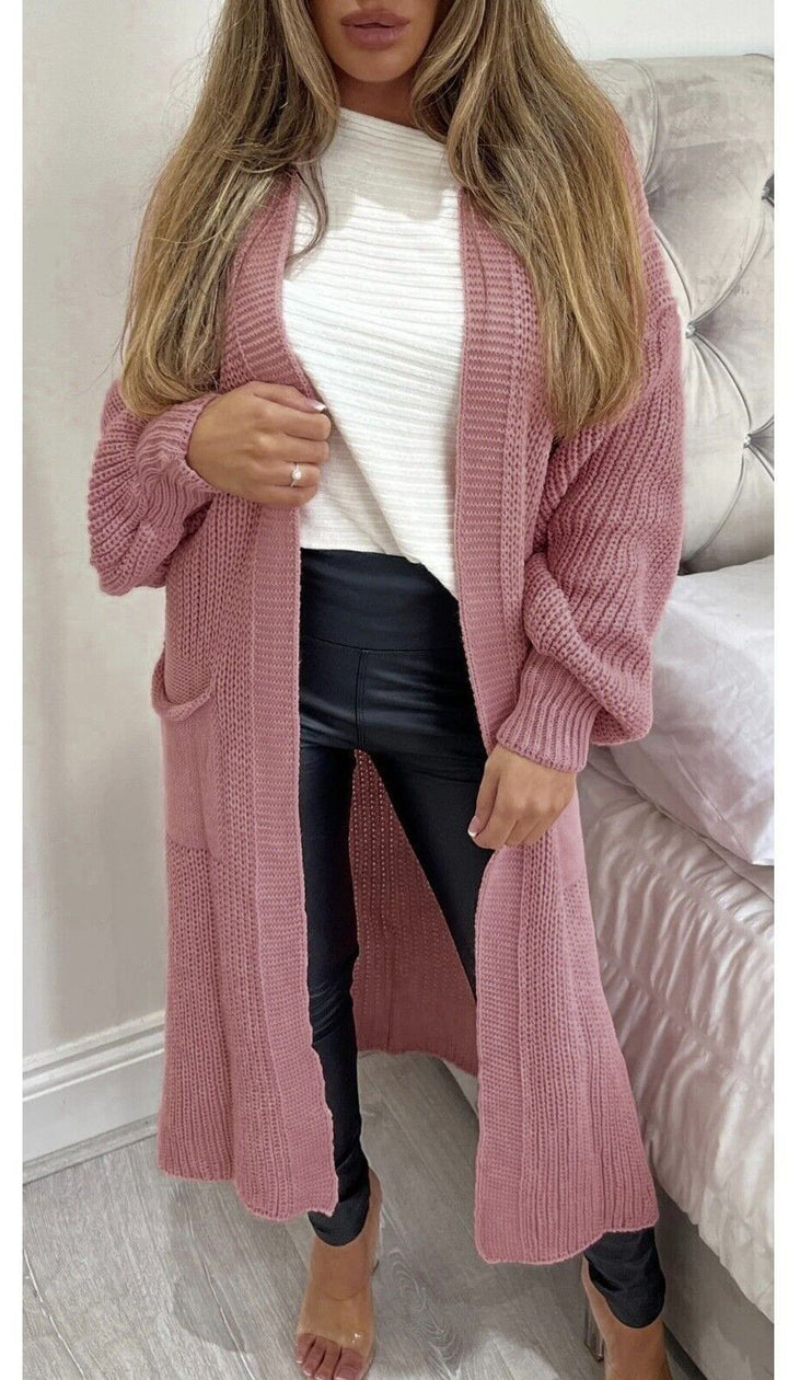 Ladies long cardigan with a chunky knit structure and practical pockets Lune London