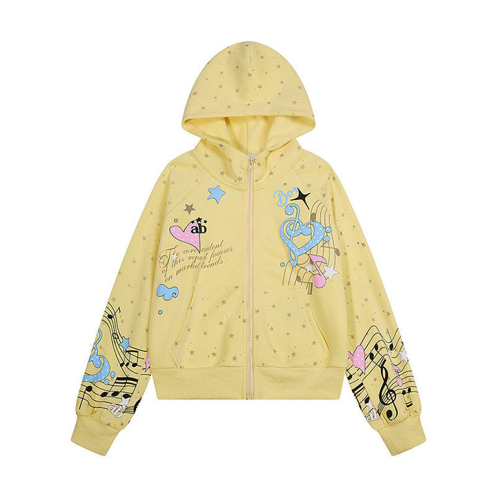 Women's Hooded Sweat Jacket with Front Zipper, Musical Print and Star Design Amarae