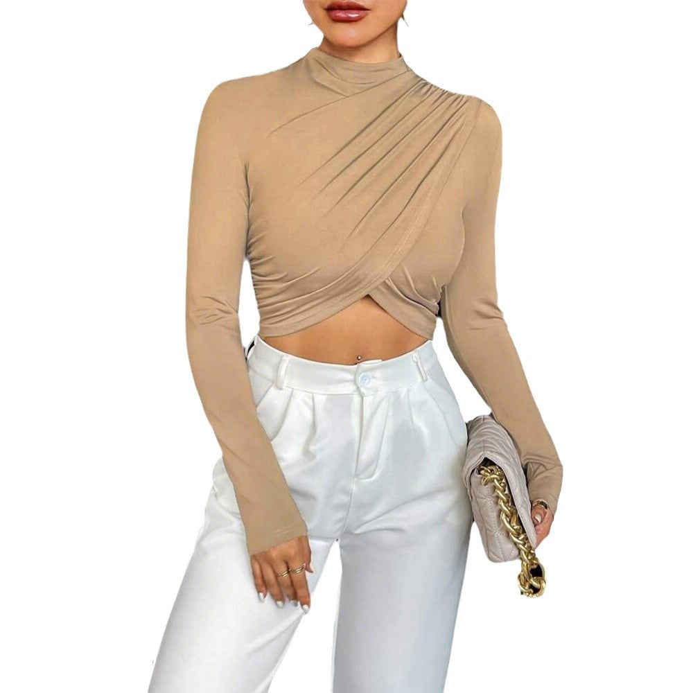 Femme haut court à manches longues avec drapé asymétrique et col montant élégant Chic & Stil