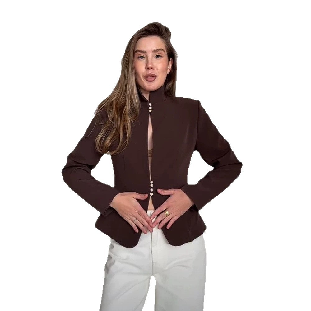 Women's Tailored Blazer with Stand Collar and Pearl Button Placket Amarae