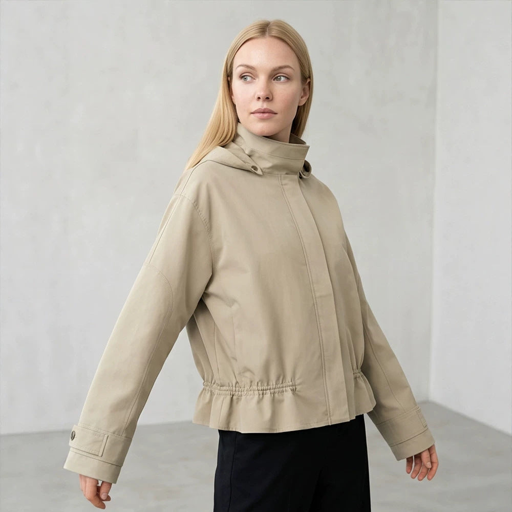 Women Short Vegan Leather Jacket with Hood, Concealed Snap Button Placket and Drawstring Hem Amarae