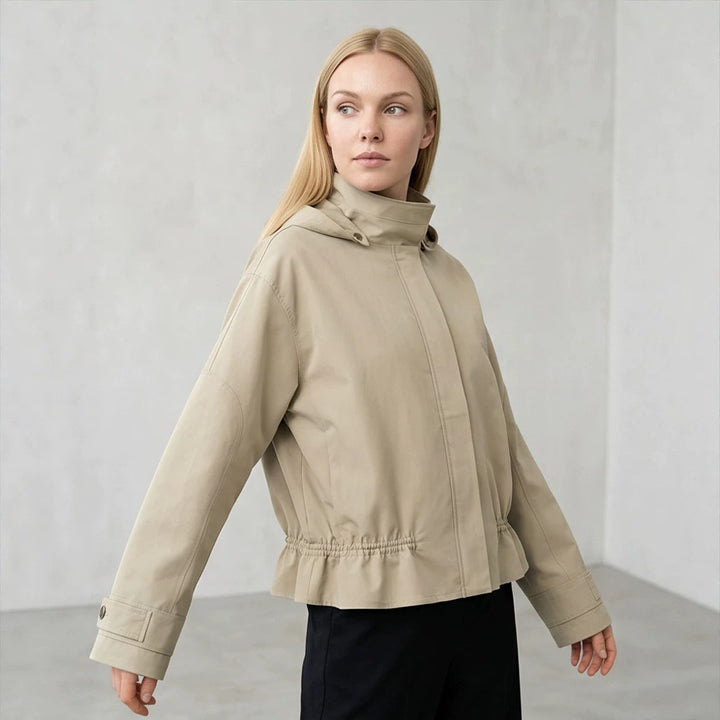 Women Short Vegan Leather Jacket with Hood, Concealed Snap Button Placket and Drawstring Hem Amarae